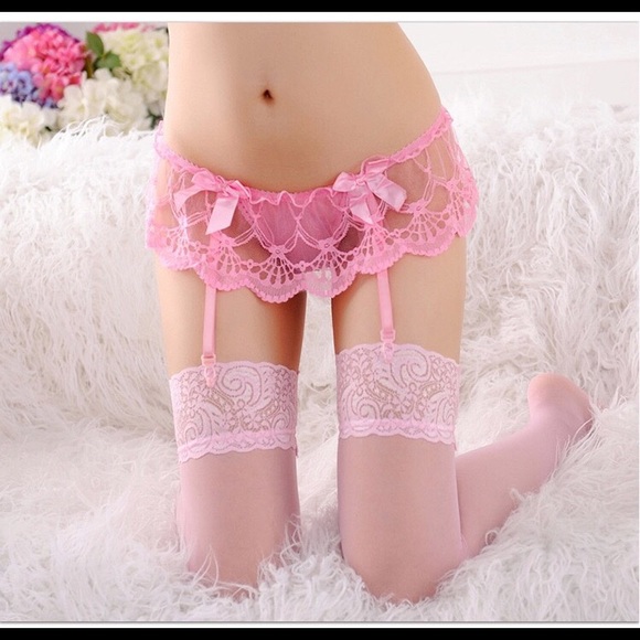 Pink thong garter + socks set - Picture 2 of 6